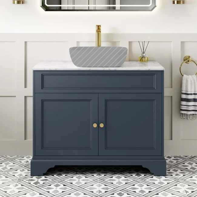 Lucia Inky Blue Cabinet with Marble Top 1030mm (Excludes Counter Top Basin) - Brushed Brass Accents