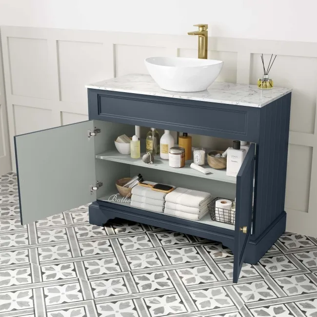 Lucia Inky Blue Vanity with Marble Top & Oval Counter Top Basin 1030mm - Brushed Brass Accents