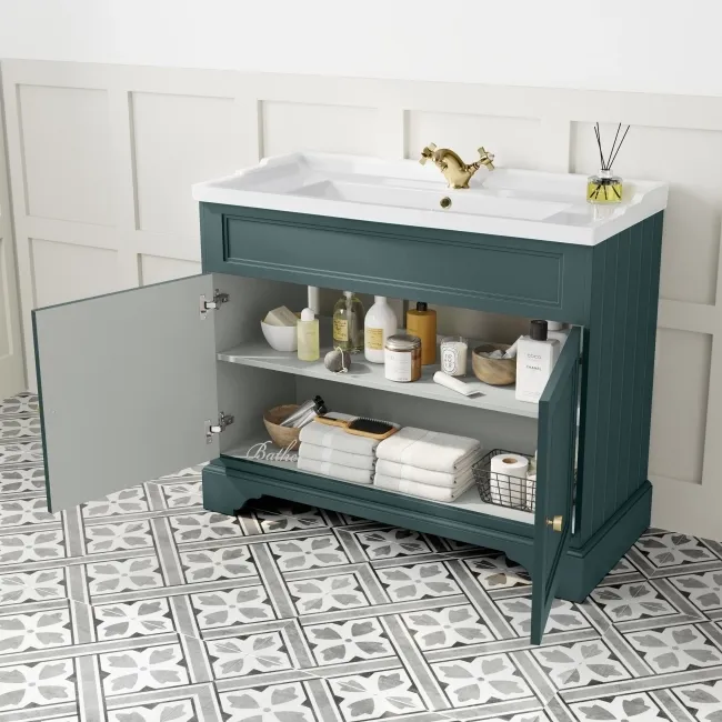 Lucia Midnight Green Basin Vanity 1030mm - Brushed Brass Accents