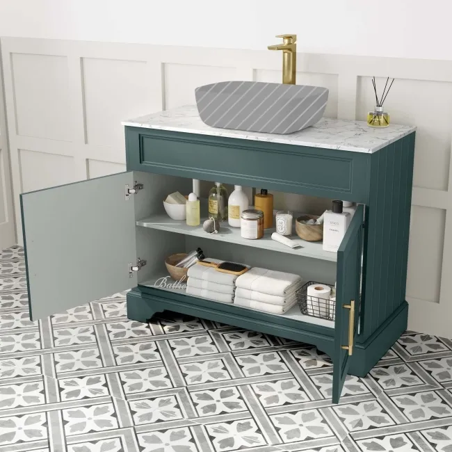 Lucia Midnight Green Cabinet with Marble Top 1030mm (Excludes Counter Top Basin) - Brass Knurled Handles