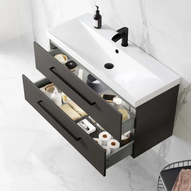Elba Graphite Grey Wall Hung Basin Drawer Vanity 1000mm - Black Accents