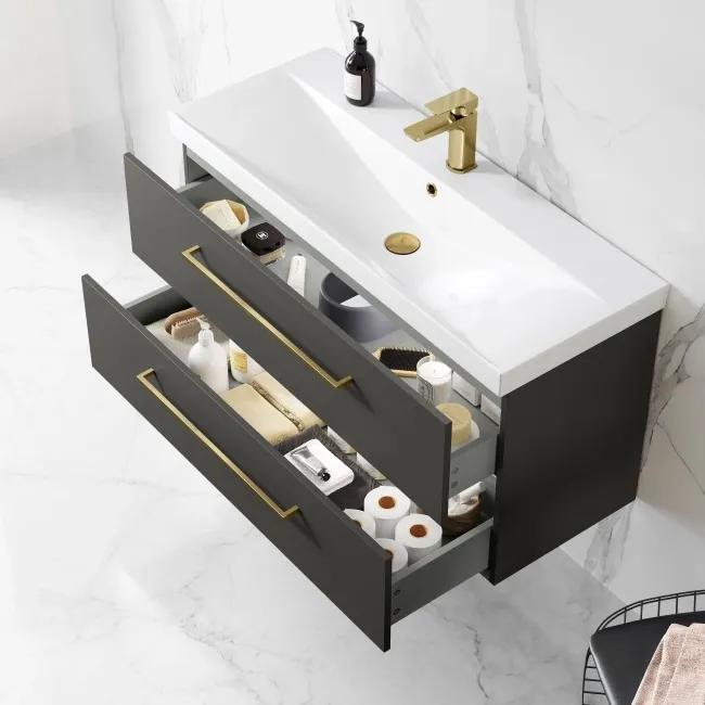 Elba Graphite Grey Wall Hung Basin Drawer Vanity 1000mm - Brushed Brass Accents
