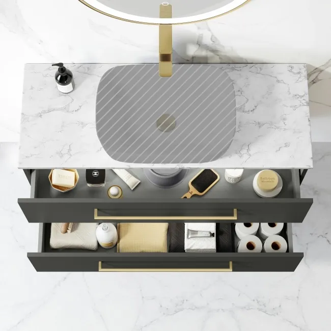 Elba Graphite Grey Wall Hung Drawer Vanity 1000mm Excludes Counter Top Basin - Brushed Brass Accents