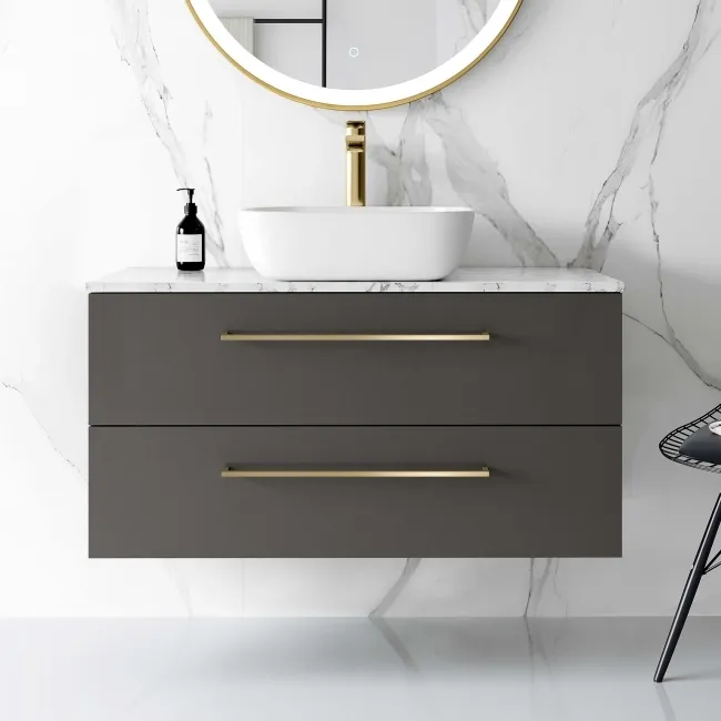 Elba Graphite Grey Wall Hung Drawer Vanity with Marble Top & Curved Counter Top Basin 1000mm - Brushed Brass Accents