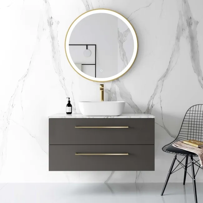 Elba Graphite Grey Wall Hung Drawer Vanity with Marble Top & Curved Counter Top Basin 1000mm - Brushed Brass Accents