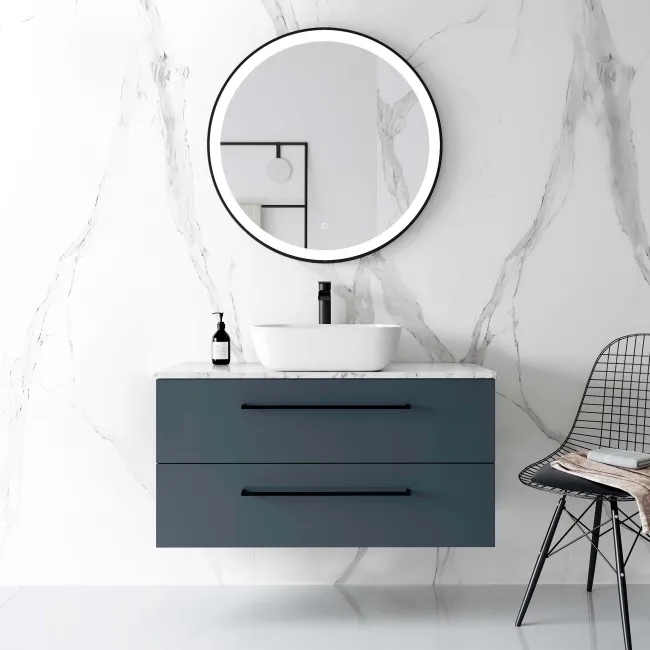 Elba Inky Blue Wall Hung Drawer Vanity with Marble Top & Curved Counter Top Basin 1000mm - Black Accents