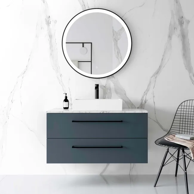Elba Inky Blue Wall Hung Drawer Vanity with Marble Top & Cody Basin 1000mm - Black Accents