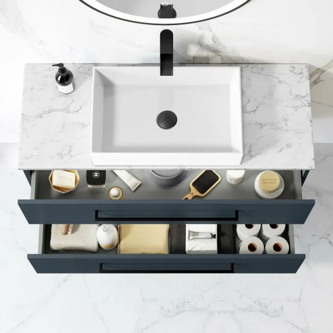 Elba Inky Blue Wall Hung Drawer Vanity with Marble Top & Cody Basin 1000mm - Black Accents