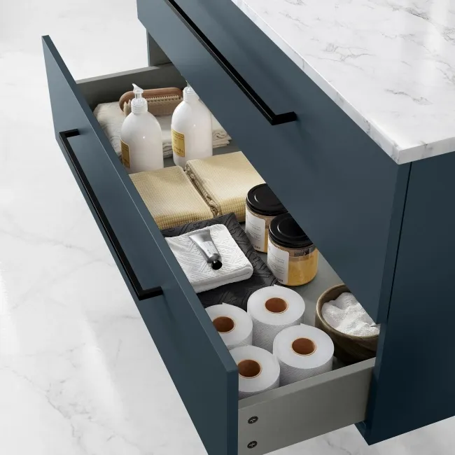Elba Inky Blue Wall Hung Drawer Vanity with Marble Top & Cody Basin 1000mm - Black Accents