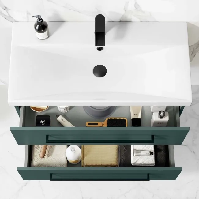 Elba Midnight Green Wall Hung Basin Drawer Vanity 800mm with Matt Black Stand