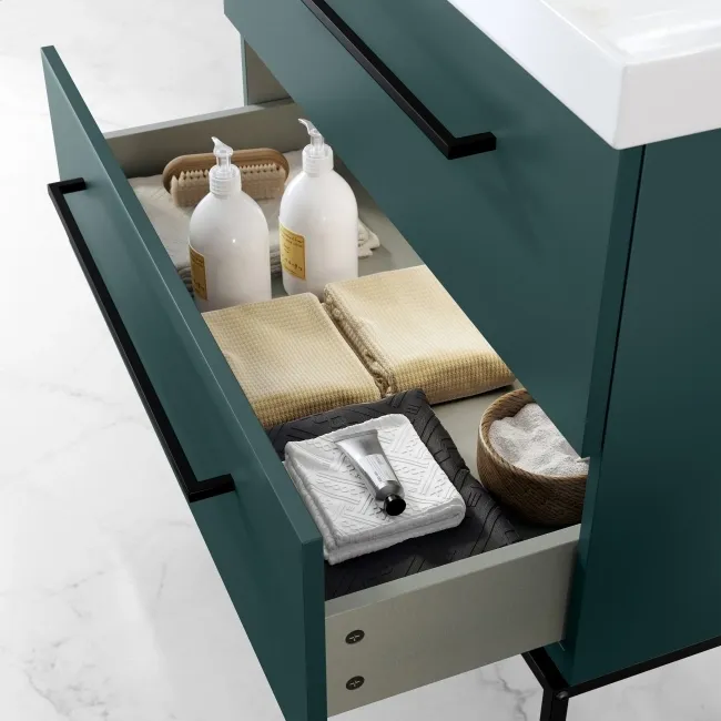 Elba Midnight Green Wall Hung Basin Drawer Vanity 800mm with Matt Black Stand