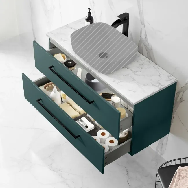 Elba Midnight Green Wall Hung Drawer Vanity 1000mm (Excludes Counter Top Basin) - Black Accents