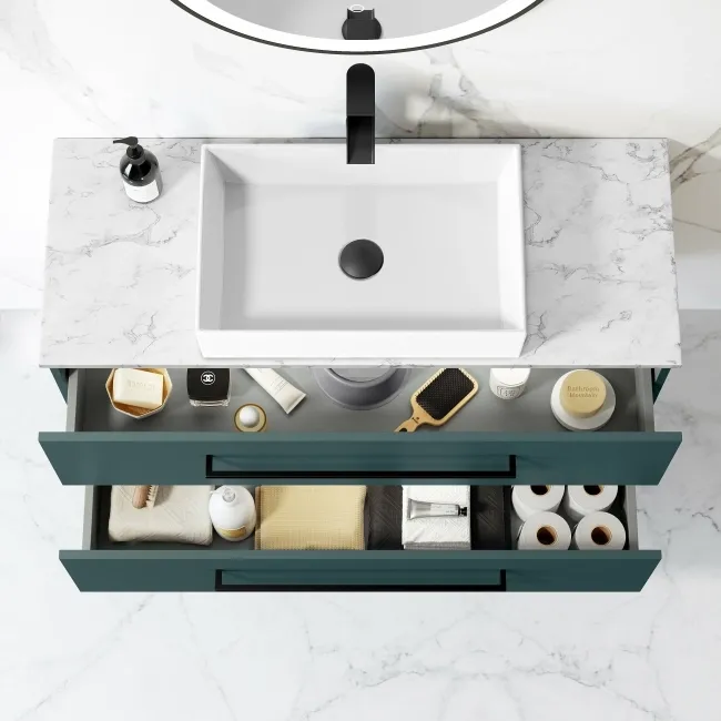 Elba Midnight Green Wall Hung Drawer Vanity with Marble Top & Cody Basin 1000mm - Black Accents