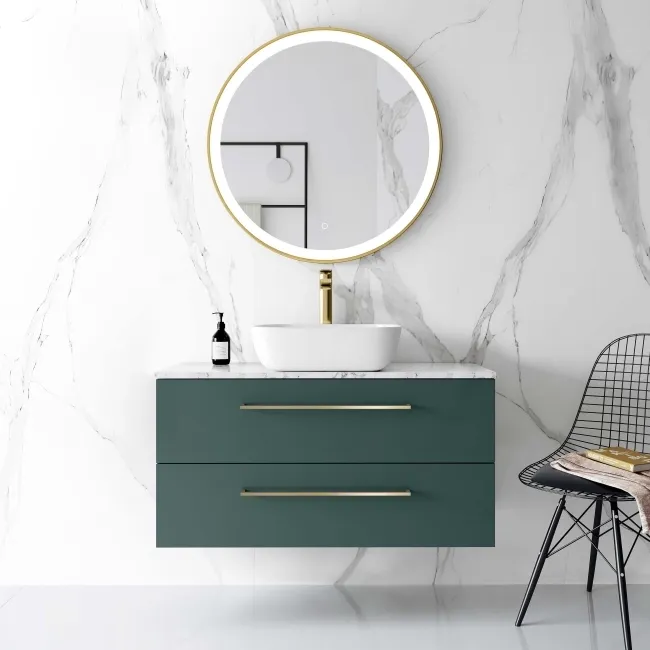 Elba Midnight Green Wall Hung Drawer Vanity with Marble Top & Curved Counter Top Basin 1000mm - Brushed Brass Accents