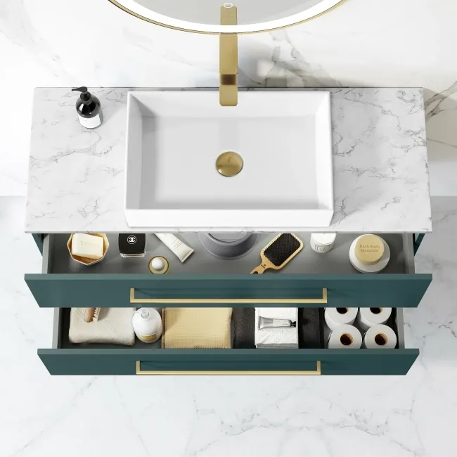 Elba Midnight Green Wall Hung Drawer Vanity with Marble Top & Cody Basin 1000mm - Brushed Brass Accents