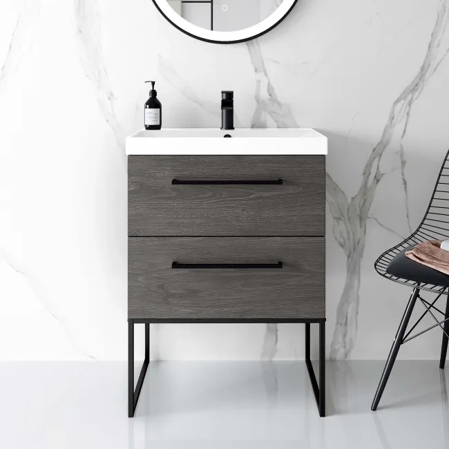 Elba Charcoal Elm Wall Hung Basin Drawer Vanity 600mm with Matt Black Stand