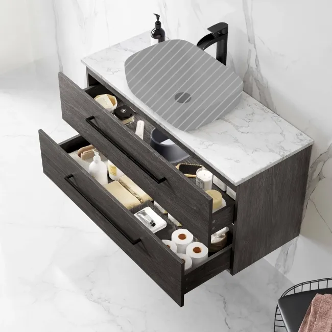 Elba Charcoal Elm Wall Hung Drawer Vanity 1000mm Excludes Counter Top Basin - Black Accents