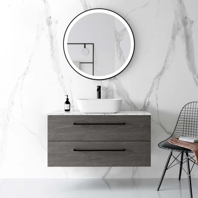 Elba Charcoal Elm Wall Hung Drawer Vanity with Marble Top & Curved Counter Top Basin 1000mm - Black Accents
