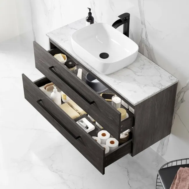 Elba Charcoal Elm Wall Hung Drawer Vanity with Marble Top & Curved Counter Top Basin 1000mm - Black Accents