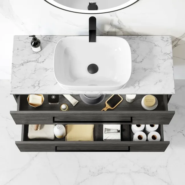 Elba Charcoal Elm Wall Hung Drawer Vanity with Marble Top & Curved Counter Top Basin 1000mm - Black Accents