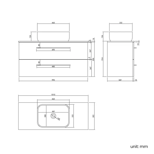 Elba Charcoal Elm Wall Hung Drawer Vanity with Marble Top & Curved Counter Top Basin 1000mm - Black Accents