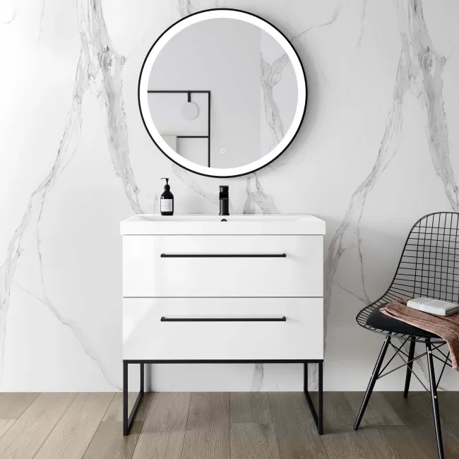 Elba Gloss White Wall Hung Basin Drawer Vanity 800mm with Matt Black Stand