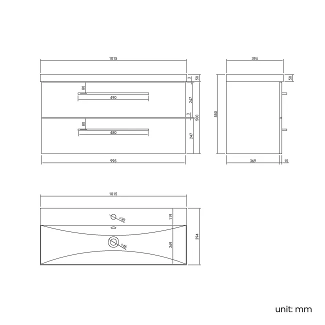 Elba Gloss White Wall Hung Basin Drawer Vanity 1000mm - Black Accents