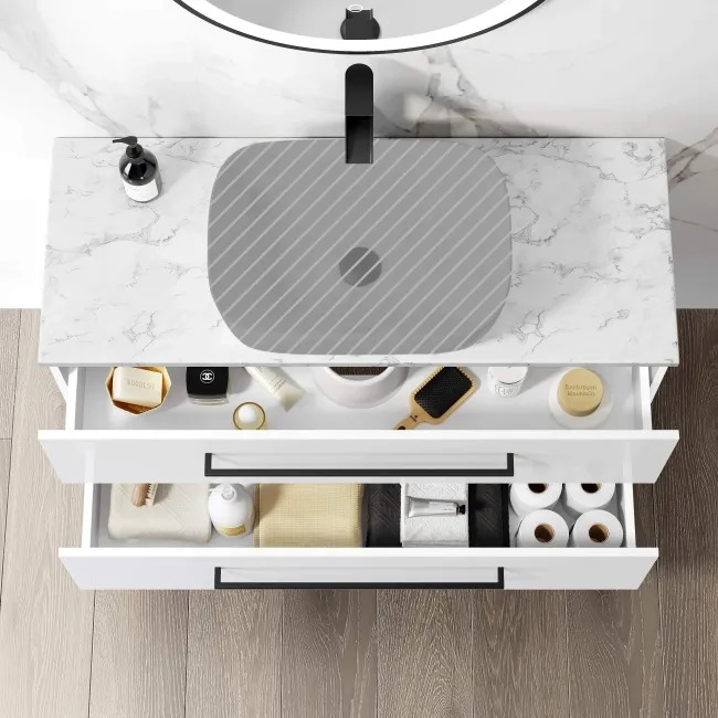 Elba Gloss White Wall Hung Drawer Vanity 1000mm Excludes Counter Top Basin - Black Accents