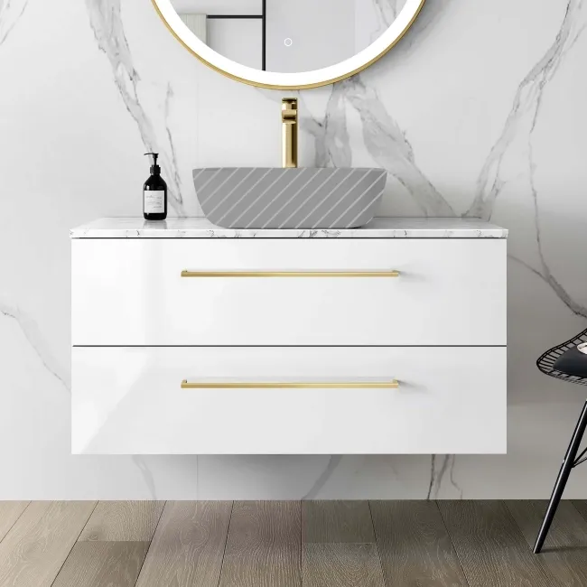 Elba Gloss White Wall Hung Drawer Vanity 1000mm Excludes Counter Top Basin - Brushed Brass Accents
