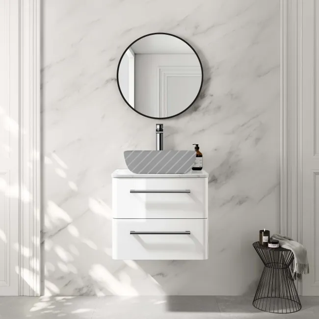 Omaha Gloss White Wall Hung Drawer Vanity with Marble Top 600mm - Excludes Counter Top Basin