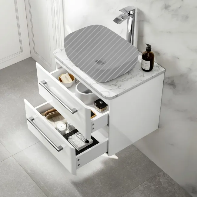 Omaha Gloss White Wall Hung Drawer Vanity with Marble Top 600mm - Excludes Counter Top Basin