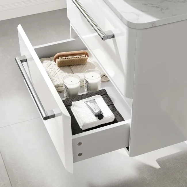 Omaha Gloss White Wall Hung Drawer Vanity with Marble Top & Curved Counter Top Basin 600mm