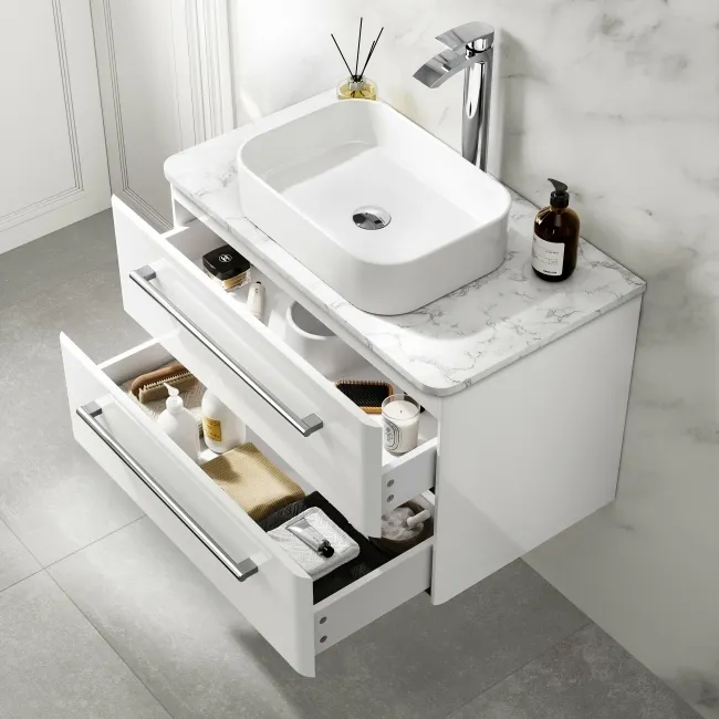 Omaha Gloss White Wall Hung Drawer Vanity with Marble Top & Marin Basin 800mm