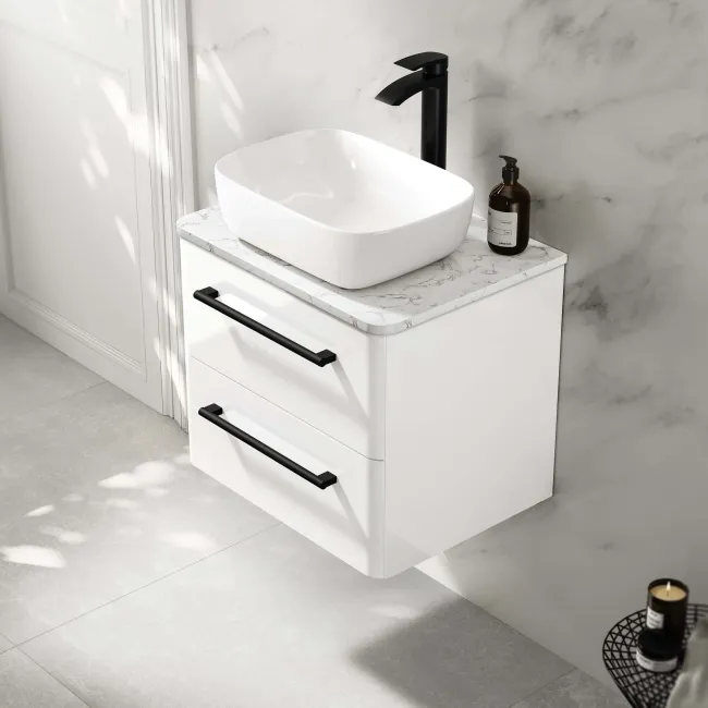 Omaha Gloss White Wall Hung Drawer Vanity with Marble Top & Curved Counter Top Basin 600mm - Black Accents