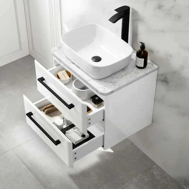 Omaha Gloss White Wall Hung Drawer Vanity with Marble Top & Curved Counter Top Basin 600mm - Black Accents