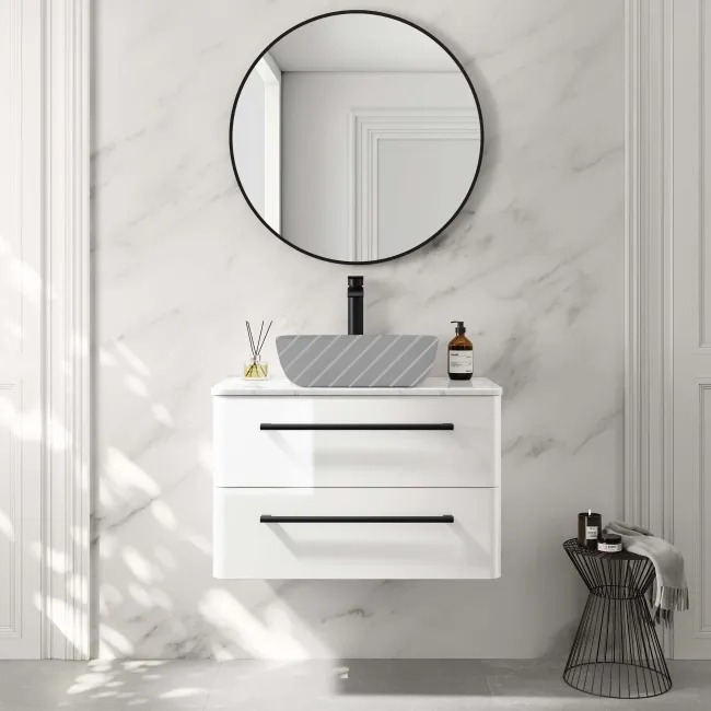 Omaha Gloss White Wall Hung Drawer Vanity with Marble Top 800mm (Excludes Counter Top Basin) - Black Accents