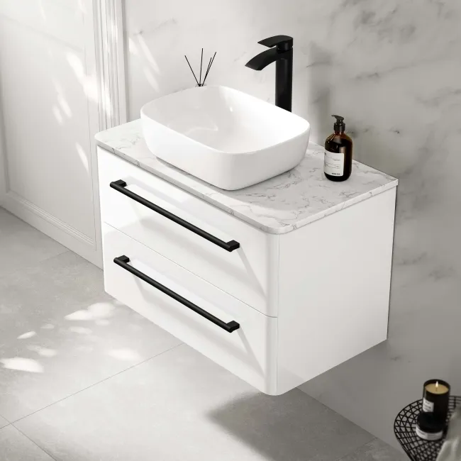 Omaha Gloss White Wall Hung Drawer Vanity with Marble Top & Curved Counter Top Basin 800mm - Black Accents
