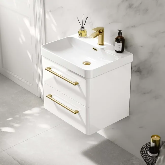 Omaha Gloss White Wall Hung Basin Drawer Vanity 600mm - Brushed Brass Accents