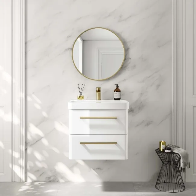 Omaha Gloss White Wall Hung Basin Drawer Vanity 600mm - Brushed Brass Accents