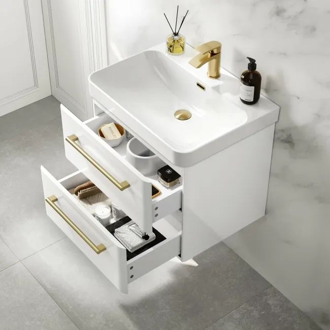 Omaha Gloss White Wall Hung Basin Drawer Vanity 600mm - Brushed Brass Accents