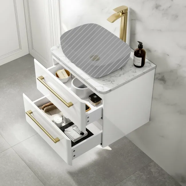 Omaha Gloss White Wall Hung Drawer Vanity with Marble Top 600mm (Excludes Counter Top Basin) - Brushed Brass Accents