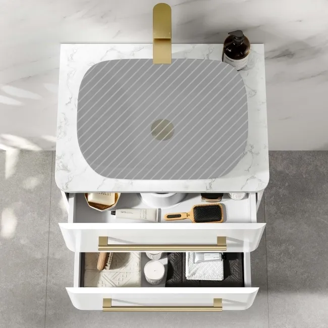 Omaha Gloss White Wall Hung Drawer Vanity with Marble Top 600mm (Excludes Counter Top Basin) - Brushed Brass Accents