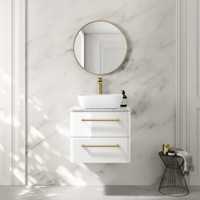 Omaha Gloss White Wall Hung Drawer Vanity with Marble Top & Curved Counter Top Basin 600mm - Brushed Brass Accents