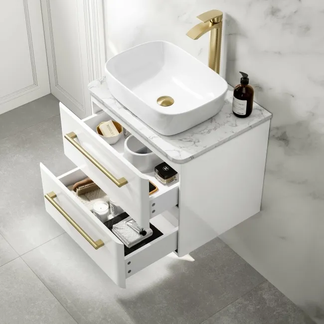 Omaha Gloss White Wall Hung Drawer Vanity with Marble Top & Curved Counter Top Basin 600mm - Brushed Brass Accents
