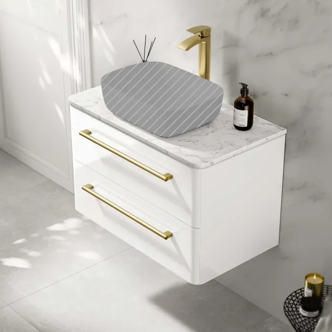 Omaha Gloss White Wall Hung Drawer Vanity with Marble Top 800mm (Excludes Counter Top Basin) - Brushed Brass Accents