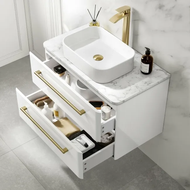 Omaha Gloss White Wall Hung Drawer Vanity with Marble Top & Marin Basin 800mm - Brushed Brass Accents