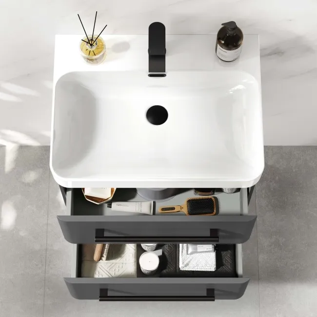 Omaha Slate Grey Wall Hung Basin Drawer Vanity 600mm - Black Accents