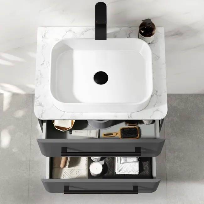 Omaha Slate Grey Wall Hung Drawer Vanity with Marble Top & Marin Basin 600mm - Black Accents