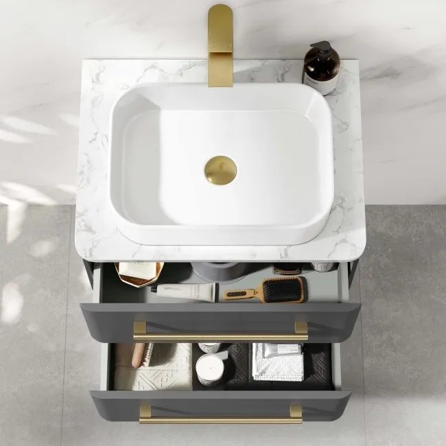 Omaha Slate Grey Wall Hung Drawer Vanity with Marble Top & Marin Basin 600mm - Brushed Brass Accents