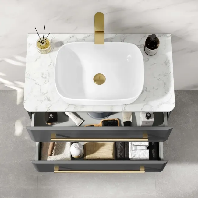 Omaha Slate Grey Wall Hung Drawer Vanity with Marble Top & Curved Counter Top Basin 800mm - Brushed Brass Accents